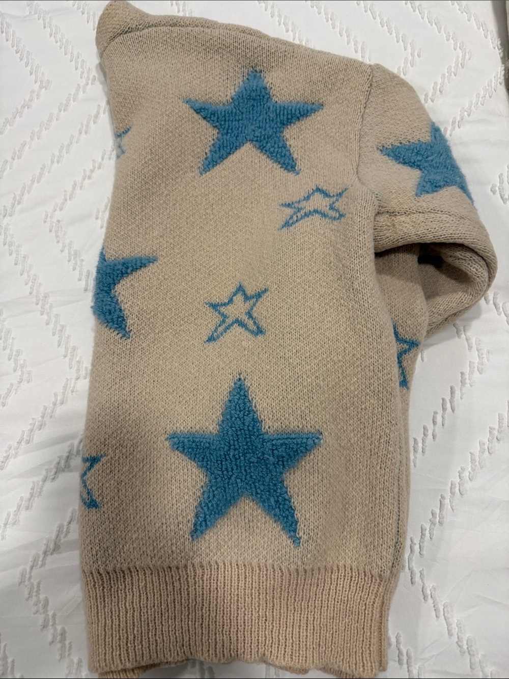 POL Small Oatmeal Blue Star Bouclé Open Front Cardigan Cozy Oversized Boho - Picture 9 of 9